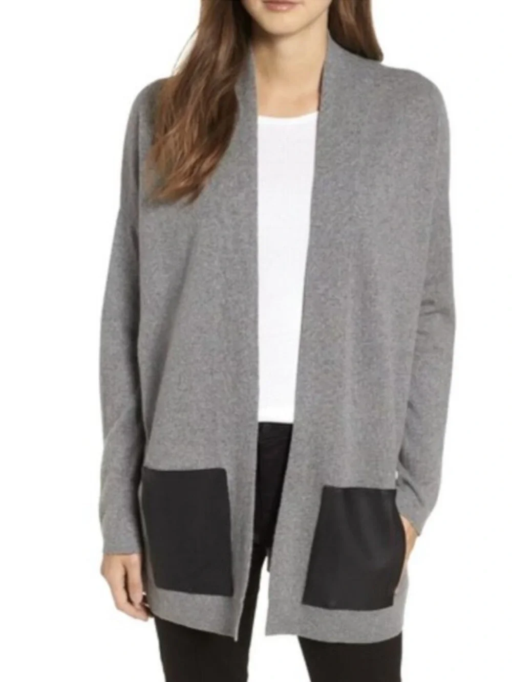 Eileen Fisher Cashmere Cardigan Sweater Large Grey Black Leather Pockets Luxe - Picture 1 of 12
